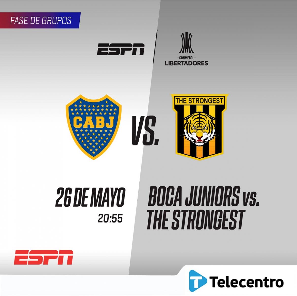 Promo Telecentro Copa Libertadores Boca vs. The Strongest, Miercoles 26 de mayo